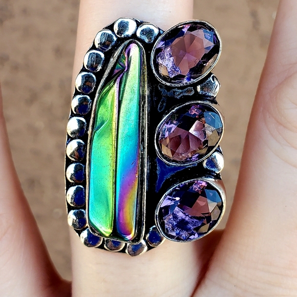 New Rainbow Hematite and Amethyst 925 Silver Ring. - Picture 4 of 16